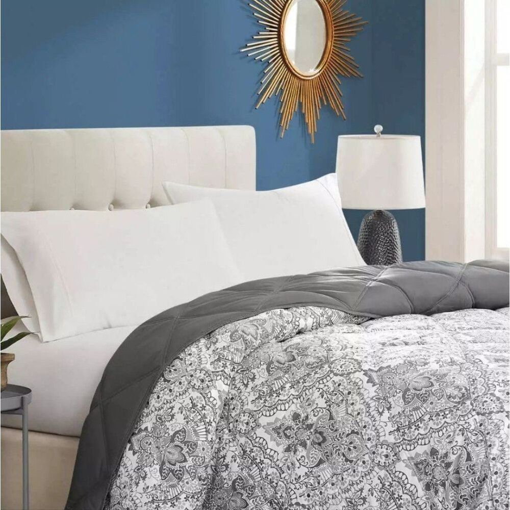 SEASONS Alternative Down Diamond Quilted Reversible Comforter Gray Floral Queen